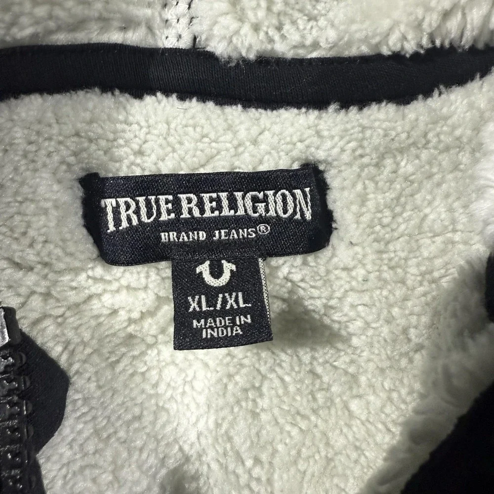 True Religion Hoodie Mens XL Black Sherpa Lined Full Zip Logo Sweatshirt